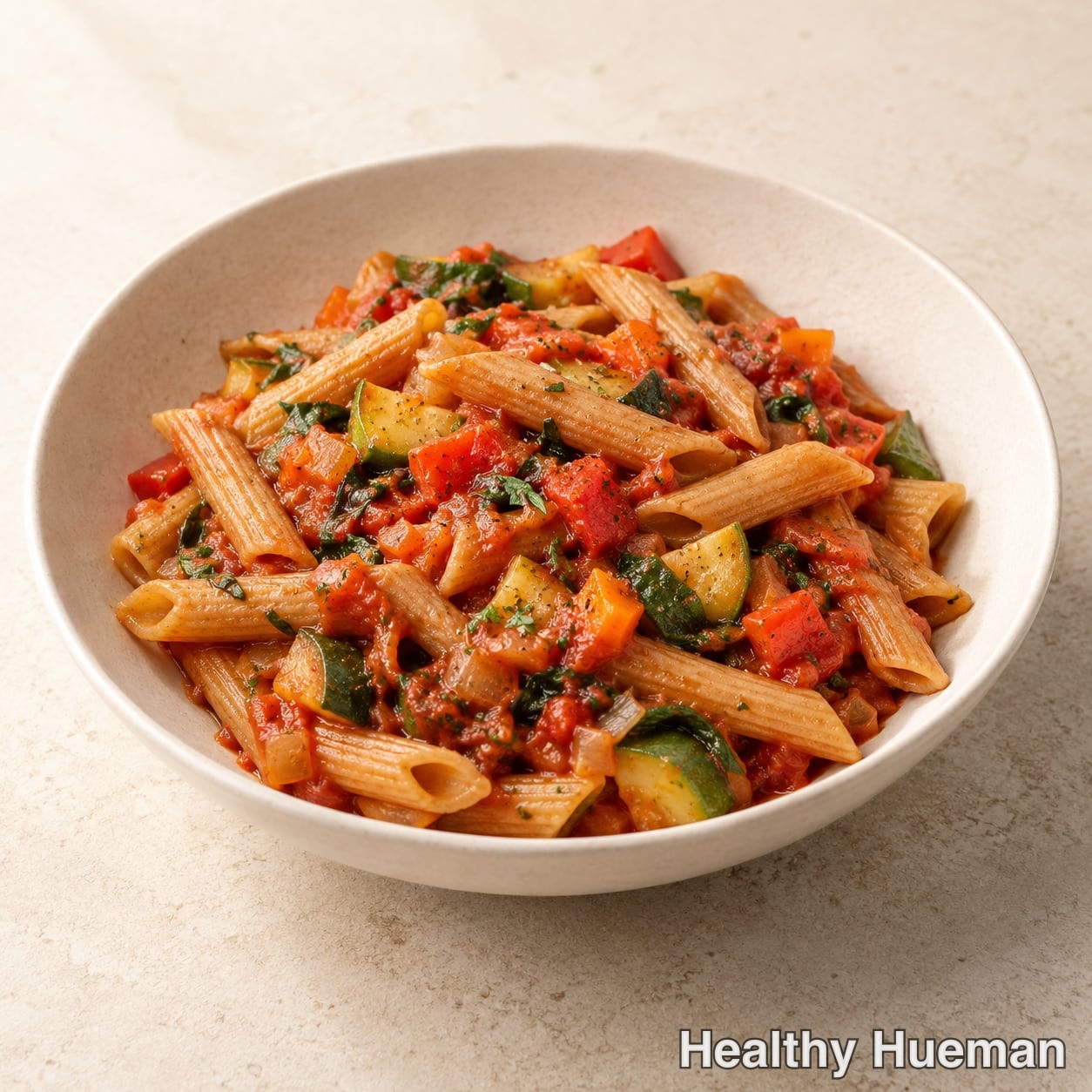 Whole wheat pasta in tomato and vegetable sauce